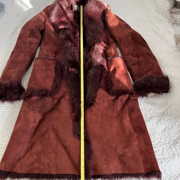 Rare DONNA KARAN SIGNATURE Brown/ Auburn Suede 100% Shearling Fur Coat Size 6 - Picture 16 of 16